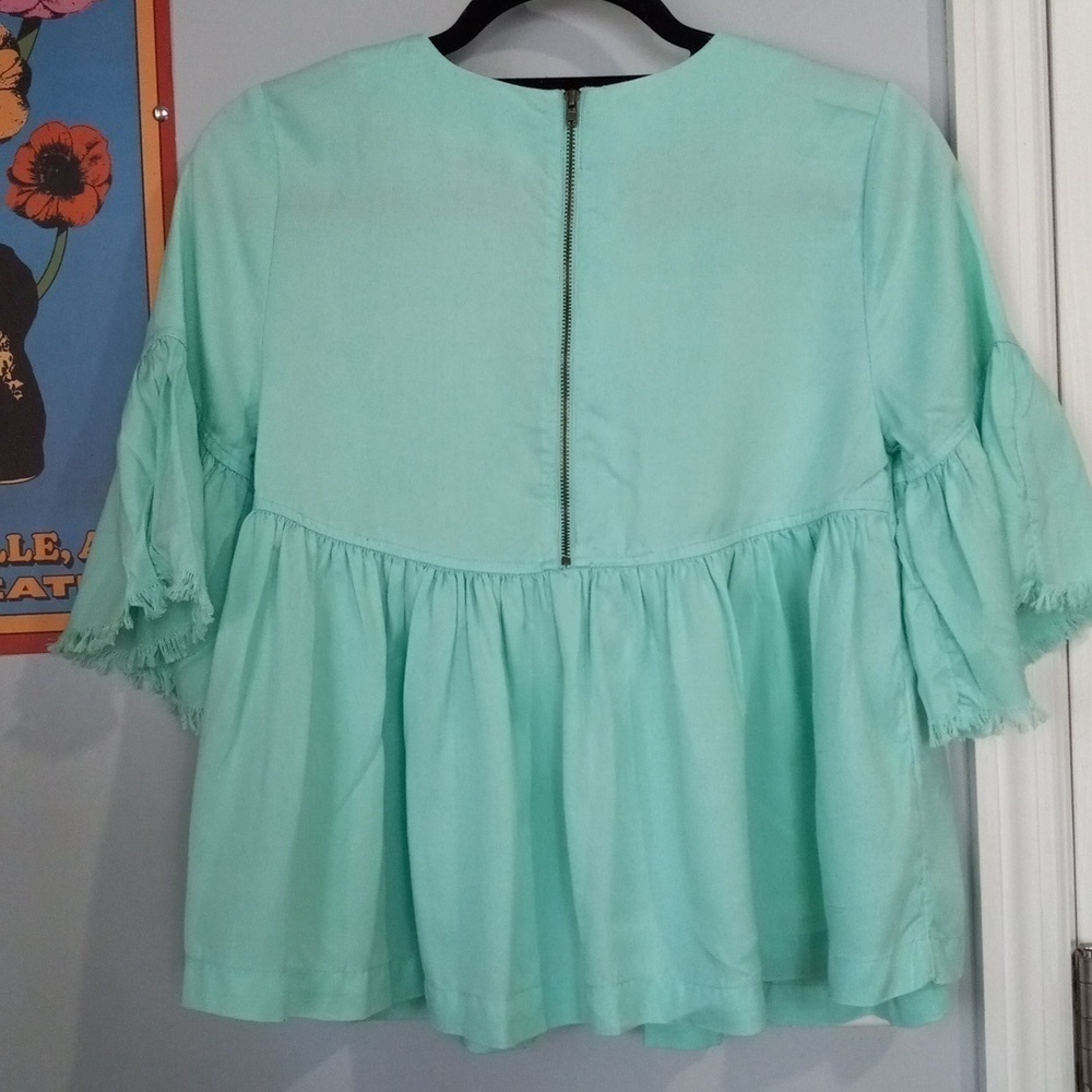 Crown and Ivy Mint Blue-Green Babydoll Pleated Bell Sleeve Blouse - Picture 12 of 13